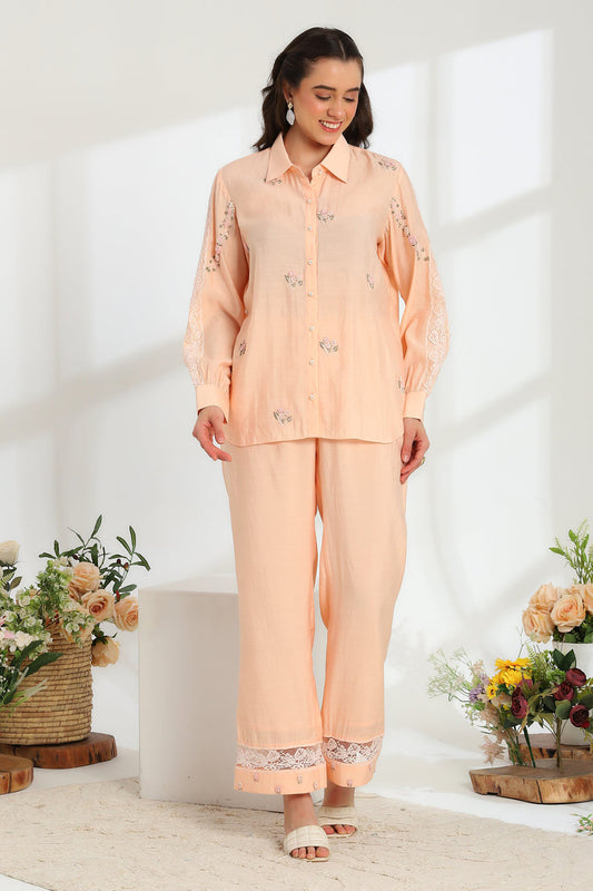 Spring Peach Hand Embroidered French lace Silk Co-ord Set