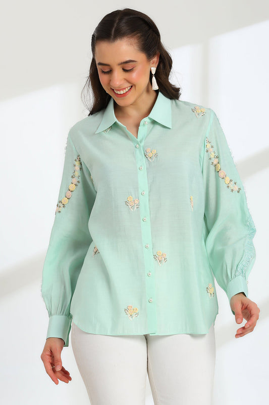 Spring Mint Hand Embroidered French lace Silk Cotton Co-ord set