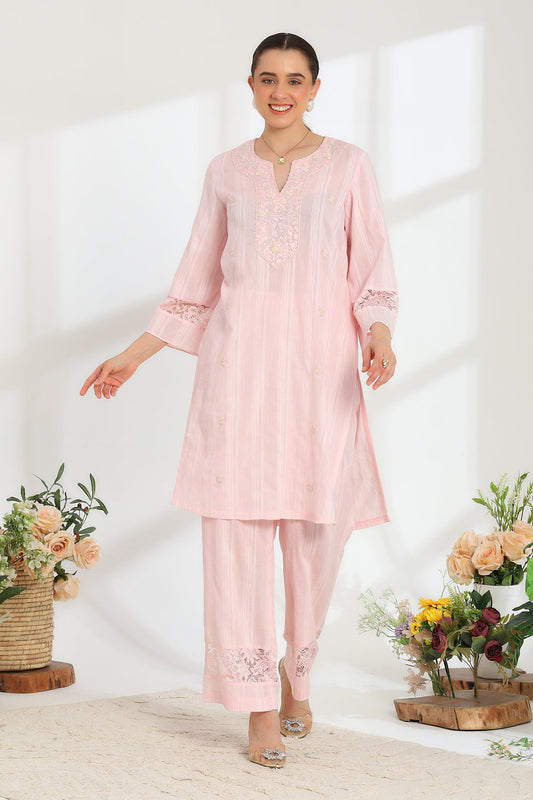 Silvaire Rose Hand Embroidered French lace cotton lurex Kurta set