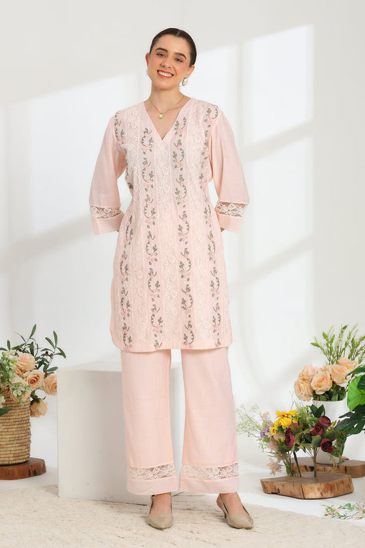 Rosella Bloom Hand Embroidered French lace Cotton Silk Kurta set