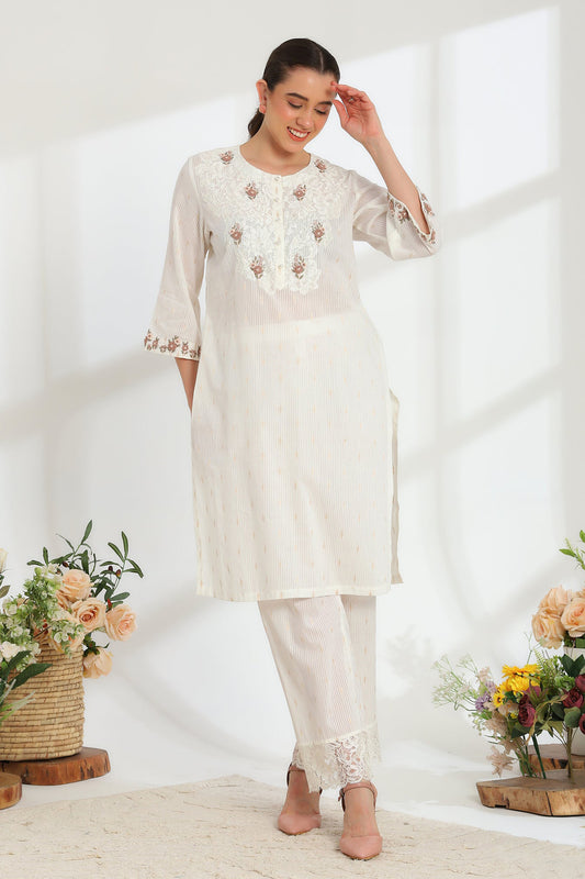 Lumiere Ivory Hand Embroidered French lace cotton dobby Kurta set