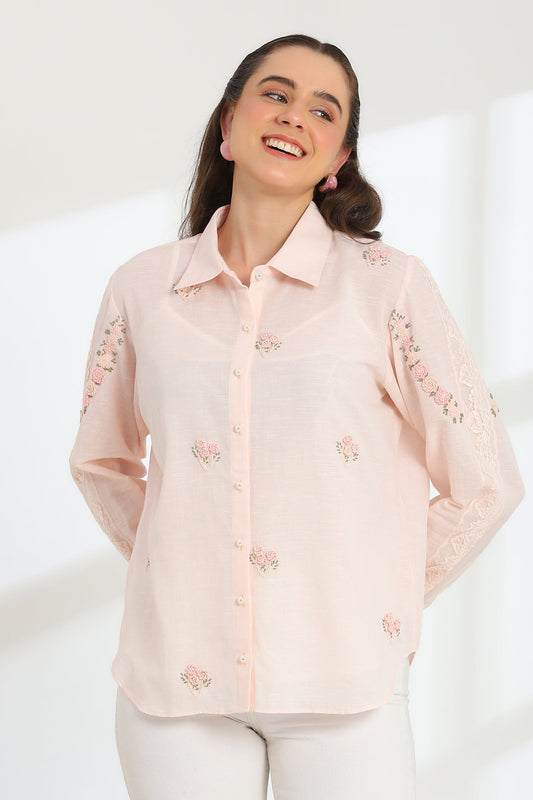 Pink Rose Blush Embroidered French lace Silk Cotton Shirt