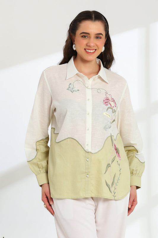 Ether Sage Green Embroidered French lace Silk Linen Shirt