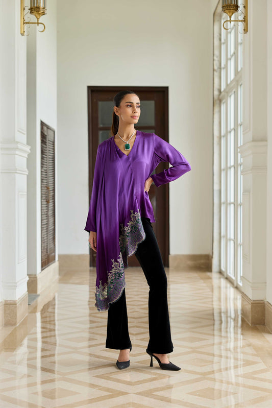 Ornate Purple Gradient Hand Embroidered French Lace Silk Satin Scarf Top