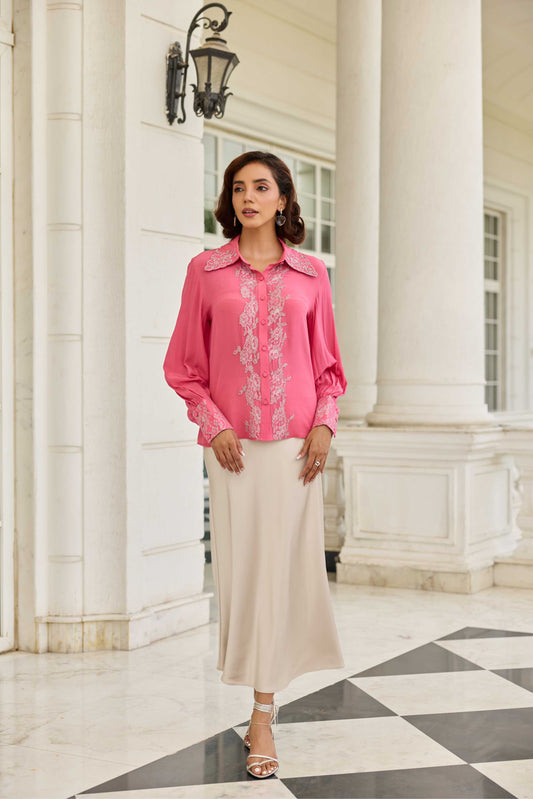 Thistle Fuchsia Pink Cutdana Embroidery French Lace Shirt