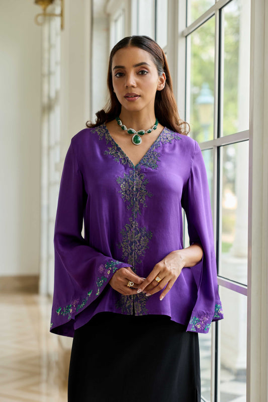 Elaria Purple Hand Embroidered French Lace Twill Silk Shirt