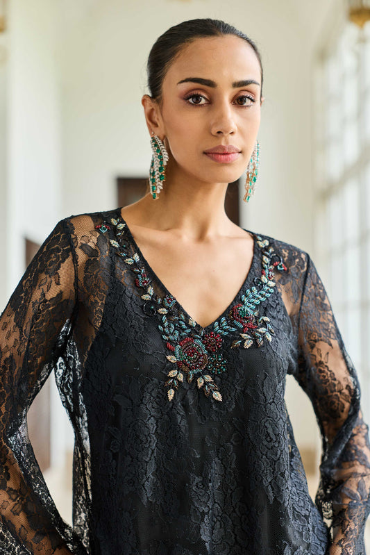Scepter Classic Black French Chantilly Lace Beaded Embroidery Top