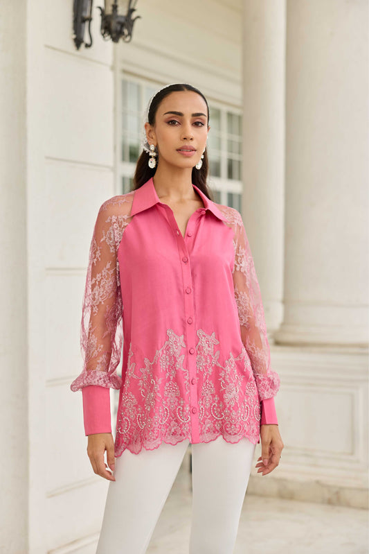 Fuchsia Duchess Pink Hand Embellished French Lace Habotai Silk Shirt
