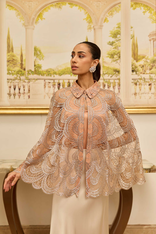Pearl-whim Salmon Peach and Silver Chantilly French Lace Cape