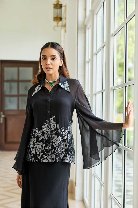 Monochrome Muse Swarowski French Lace Georgette Shirt