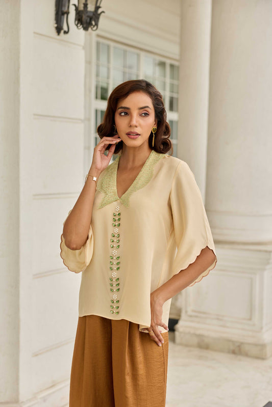 Celestial Echo Soft Beige Hand Embroidered French Lace Habotai Silk Top