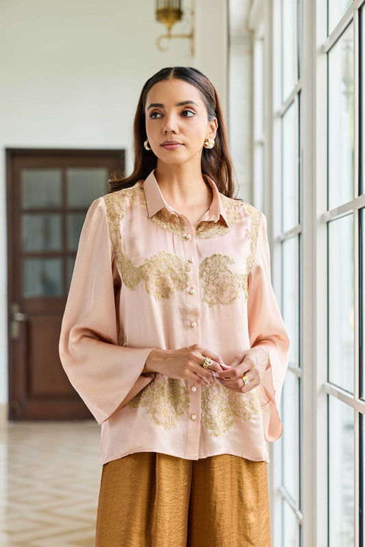 Rosette Mist Dusty Pink Symmetrical Lace Appliqué Satin Silk Shirt
