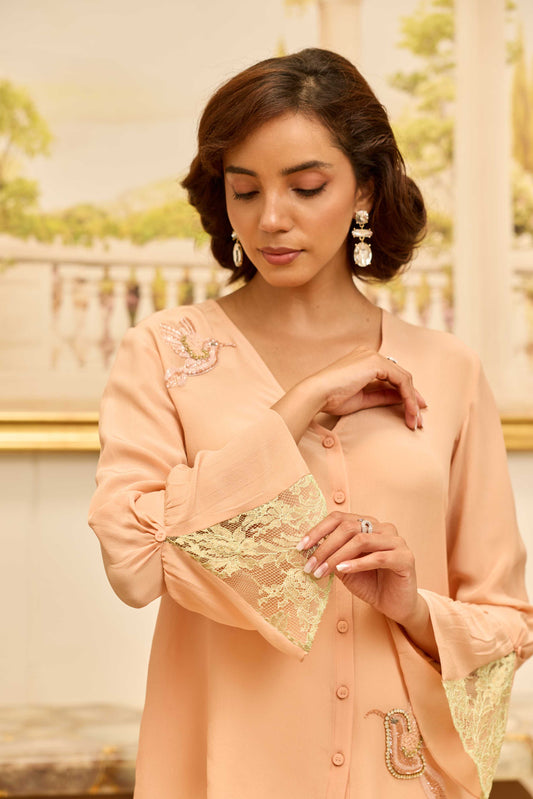 Serenade Peach Hand Embroidered French Lace Crepe Silk Top