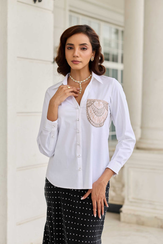 Pocketed Aura Classic White French Lace Cotton Shirt