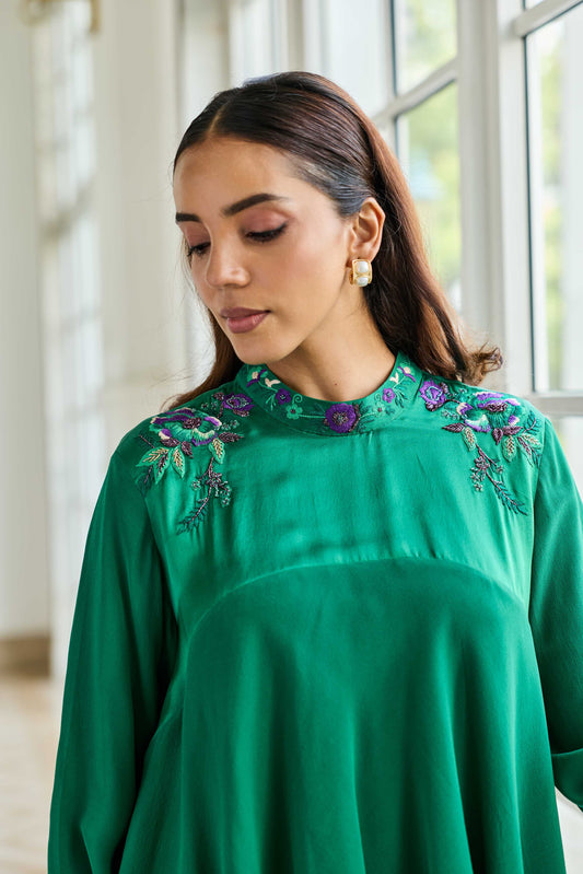 Emerald Oath Hand Embroidered French Lace Crepe Top