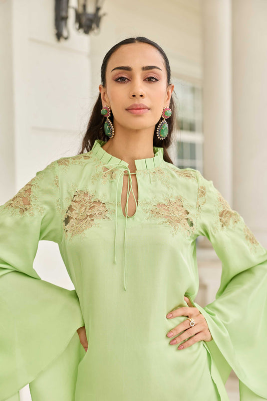 Reverie Pastel Verdant Hand Patched French Lace Twill Silk Top