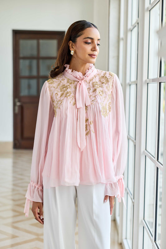 Petal Crest Pink Bow French Lace Flat Chiffon Top