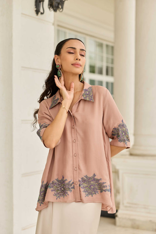 Threaded Devotion Grain Brown French Lace Flat Chiffon Shirt