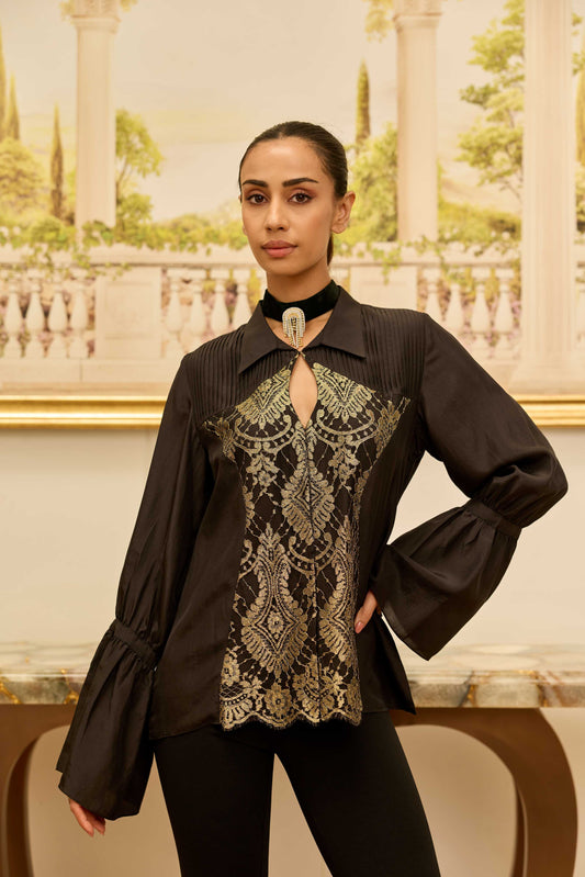 Gilded Legacy Black Habotai Silk Shirt with French Lace Panels