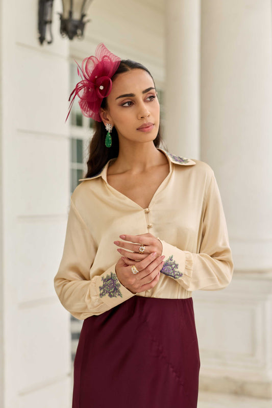 Silken Promise Beige Lace Accented Potli Button Satin Silk Top