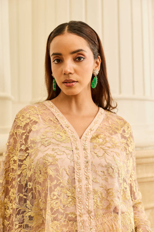 Amara Placket Embroidered Blush Pink French Chantilly Lace Cape