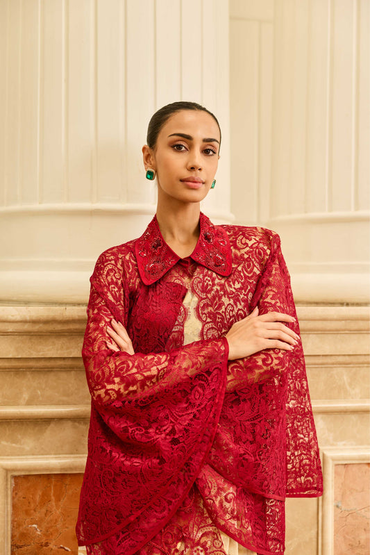 Scarlet Bloom Cherry Red Parsi Floral Embroiderered French Lace Cape