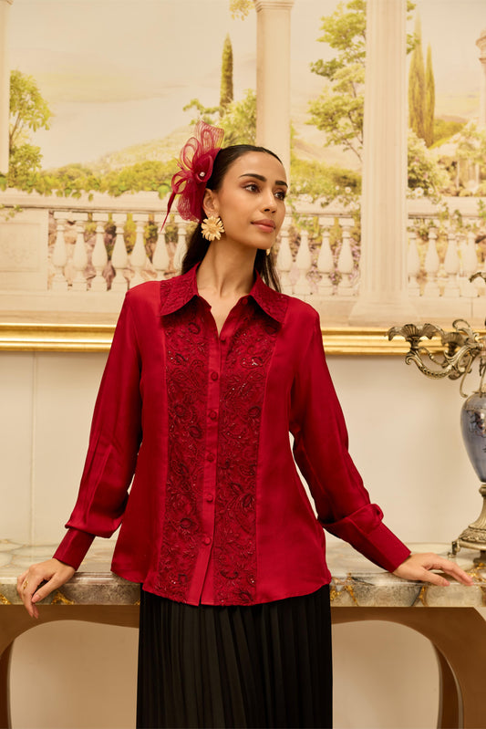 Amulet Cherry Red French Lace Panel Hand Embellished Twill Silk Shirt