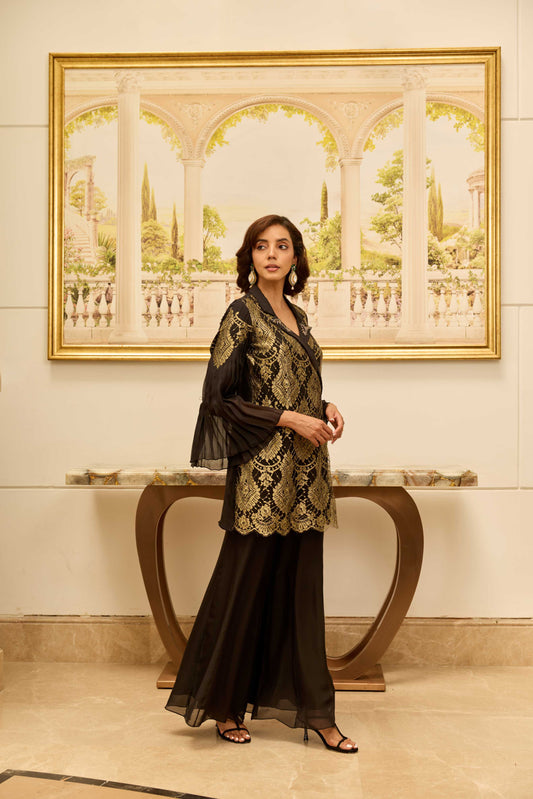 Regalia Classic Black French Lace Flat Chiffon Co-ord Set with Flared Pants