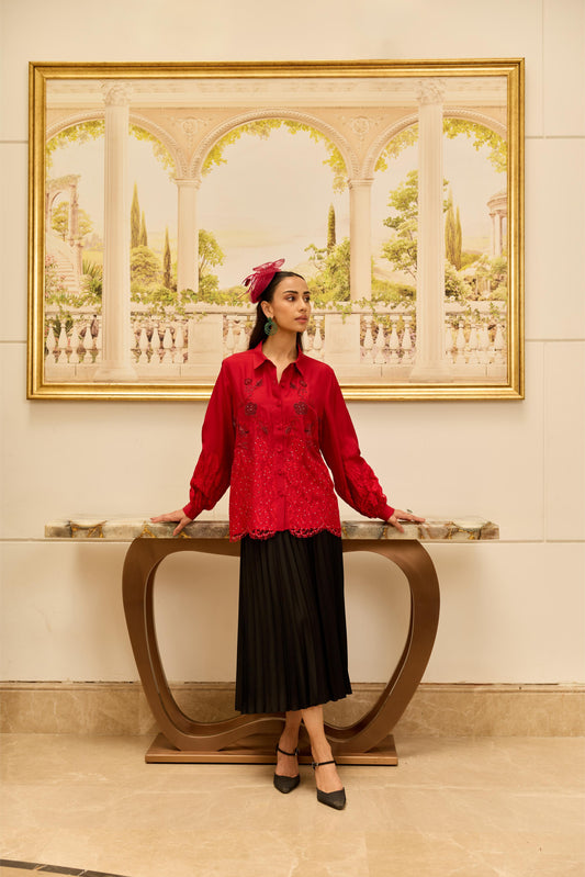 Crimson Bloom Red Hand Embroidered French Lace Habotai Silk Shirt