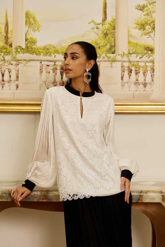Celestia White French Lace Chiffon Blouse