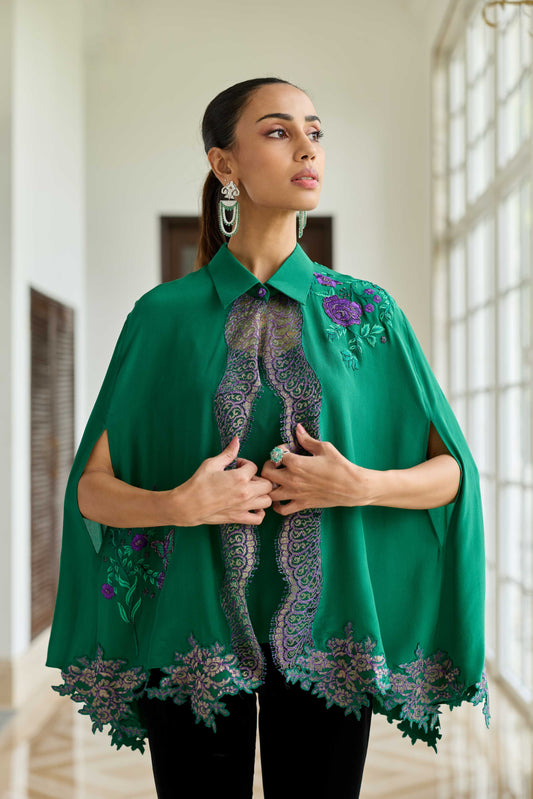 Veloura Emerald Green Hand Embroidered French Lace Crepe Silk Cape
