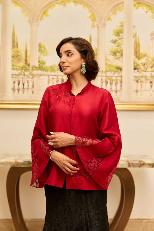 Golden Echo Cherry Red Hand Embroiderred French Lace Dupion Silk Shirt