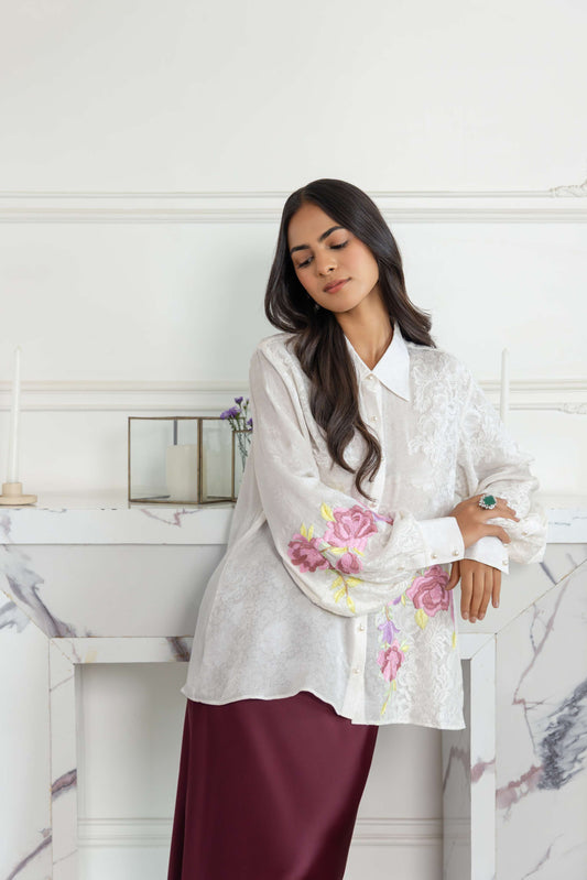 Elysia Ivory Parsi Hand embroidered French Lace Jacquard Crepe Shirt