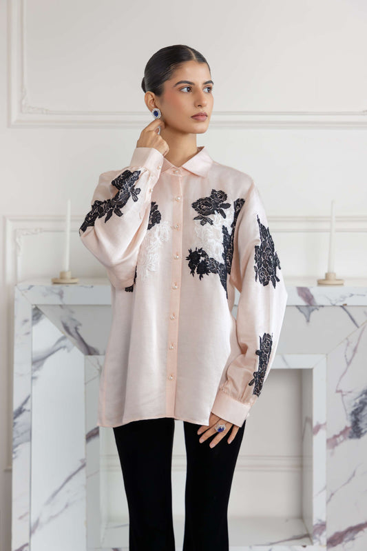 Camellia Heavenly Pink Hand embroidered French Lace Linen Silk Shirt