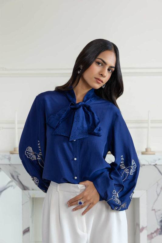 Amariel Navy Blue Hand embroidered French Lace Bow Habotai Silk Shirt