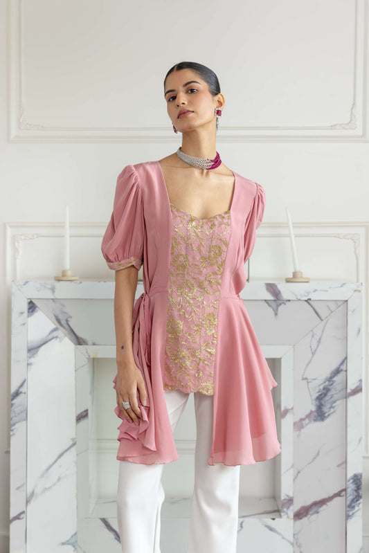 Dahlia Blossom Pink Mettalic French Lace Crepe Top