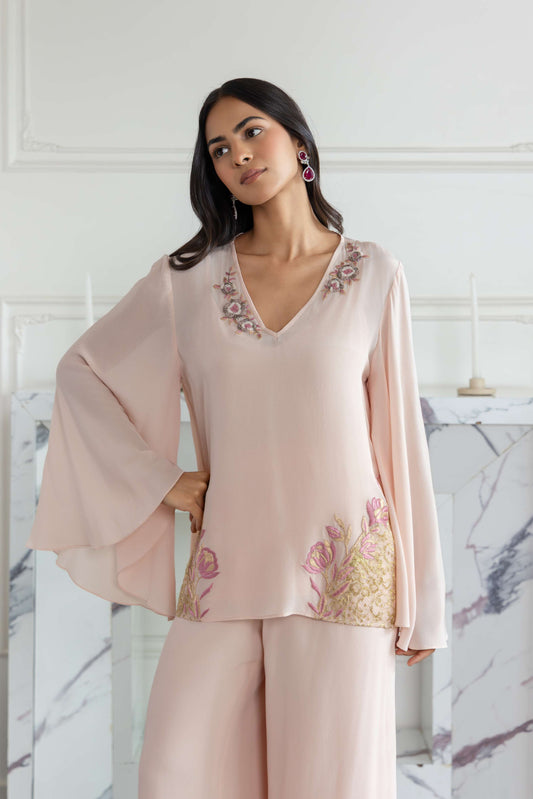 Roselia Blossom Pink Hand embroidered French Lace Crepe Co-ord Set