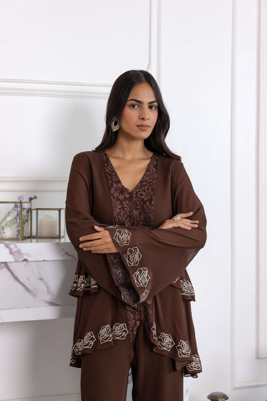 Divinia Mocha Swarovski-Embellished Floral French Lace Georgette Co-ord Set