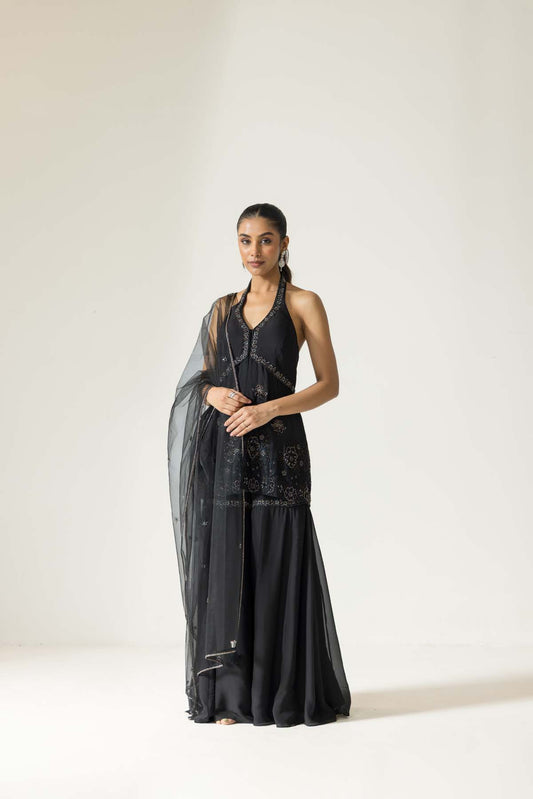 Kusum kamal hand embroidered French lace Chiffon Silk Sharara set