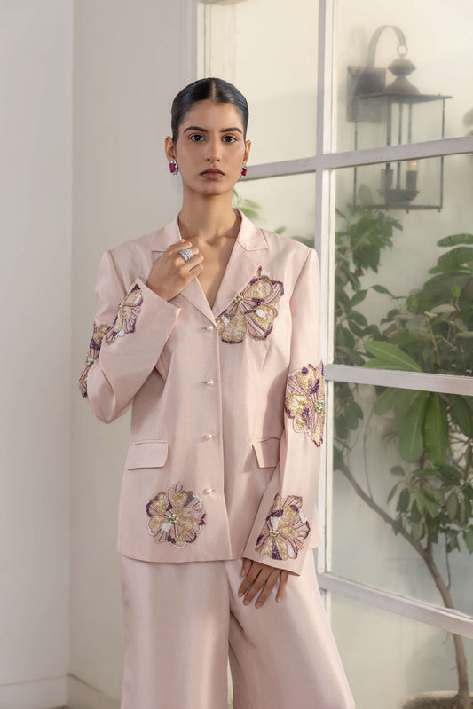 Dynastia Blush Pink Hand Embroided French Lace Dupion Silk Blazer Set