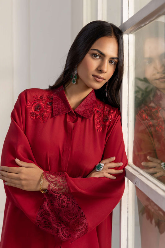 Ivana Royal Red Hand Embroided French Lace Crepe Co-ord Set