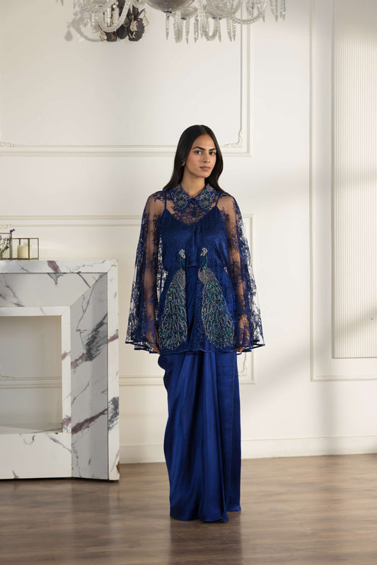 Coronelle Navy Blue Hand Embroidered French Chantilly Lace Cape Co-ord Set