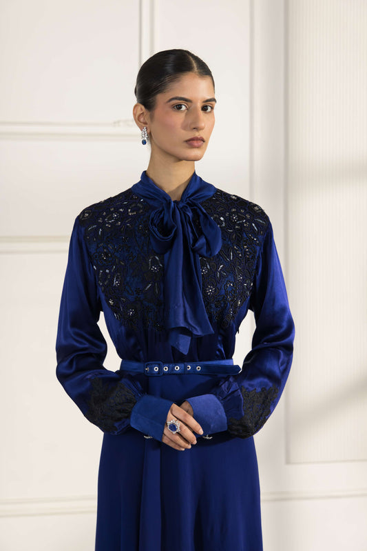 Sapphire Majesty Hand Embellished French Lace Satin and Georgette Midi Dress