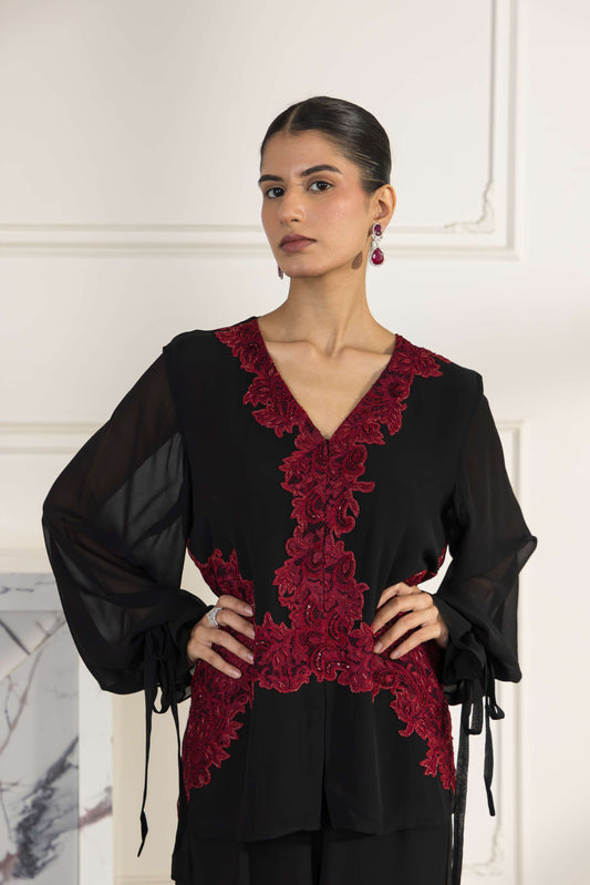 Carmine Rouge Hand Embellished French Lace Georgette Co-ord Set