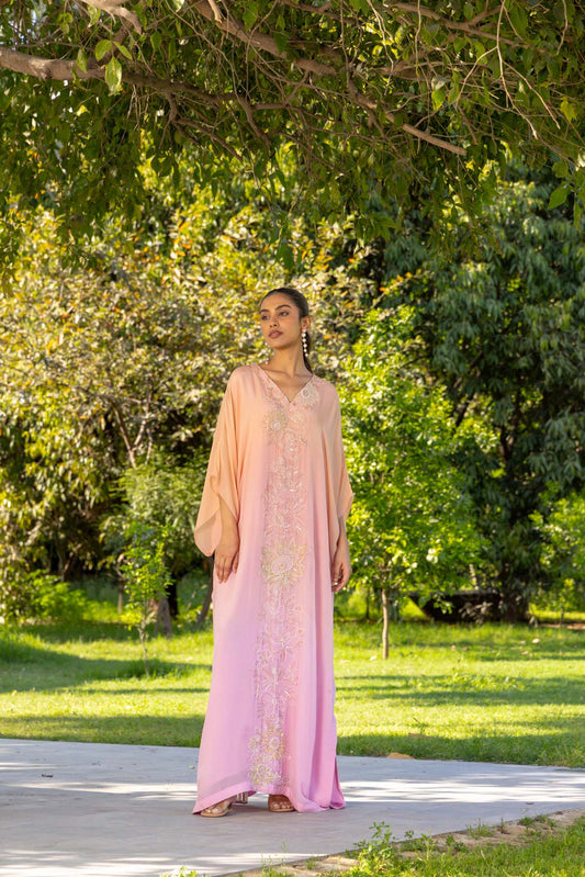 Marigold Hand Embroidered French lace Chiffon Silk Kaftaan