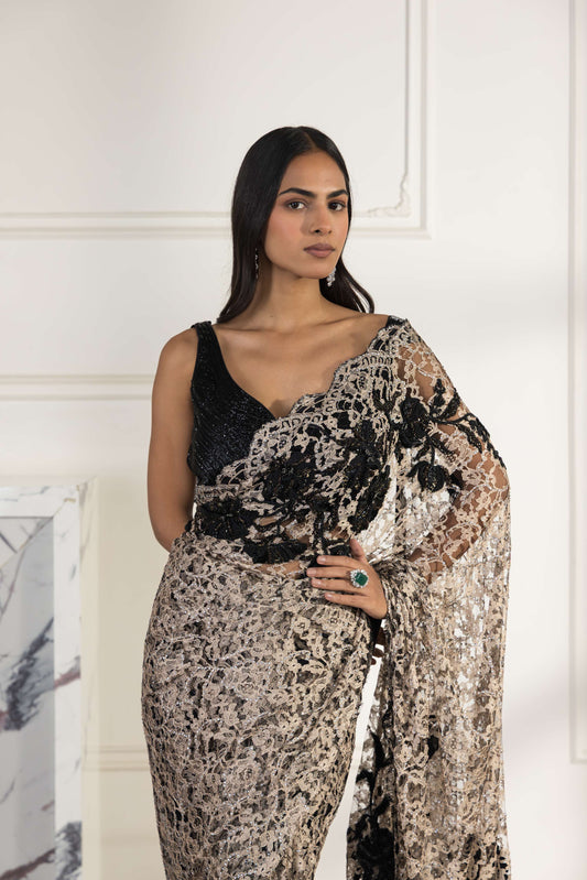 Chandélle Black and Champagne Swarowski Hand Embroided French Chantilly Lace Saree