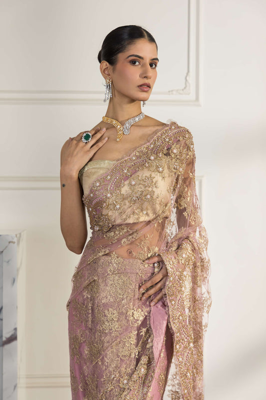 Amourya Blossom Pink and Metallic Gold Hand Embroided French Chantilly Lace Saree