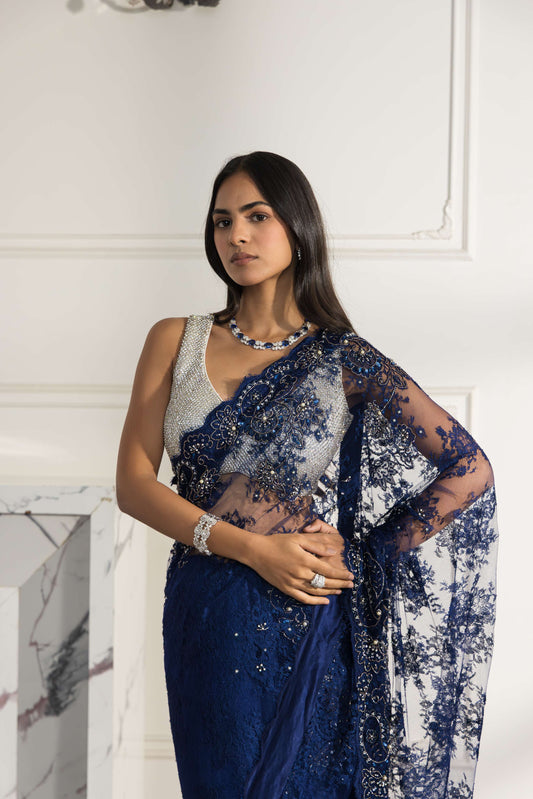 Élysara Midnight Blue Hand Embroided French Chantilly Lace Saree
