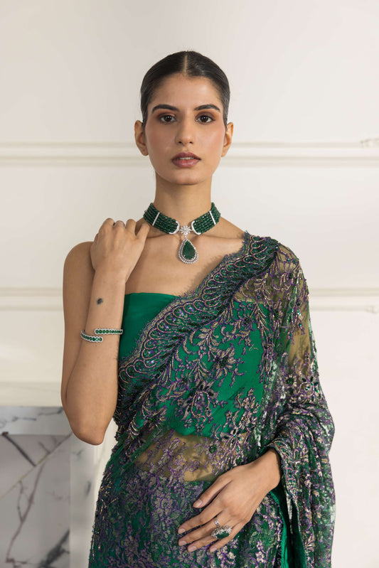 Azure Emerald Green and Purple Gold Hand Embroided Metallic French Chantilly Lace Saree