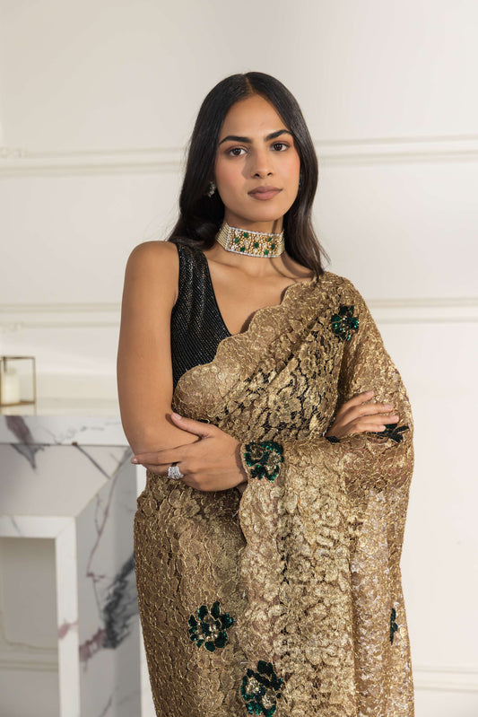 Velourya Gold and Emerald Green Hand Embroided French Chantilly Lace Saree